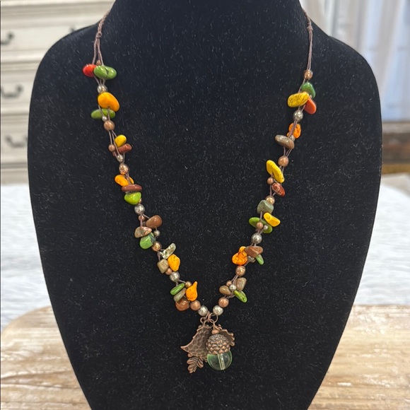 Jewelry | Vintage Multicolor Fall Beaded Necklace With Leaf Pendant